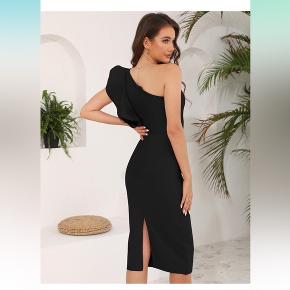 NWT Bodycon Black One Shoulder Ruffle Formal Cocktail Wedding Dress, Size S/M - Picture 4 of 11